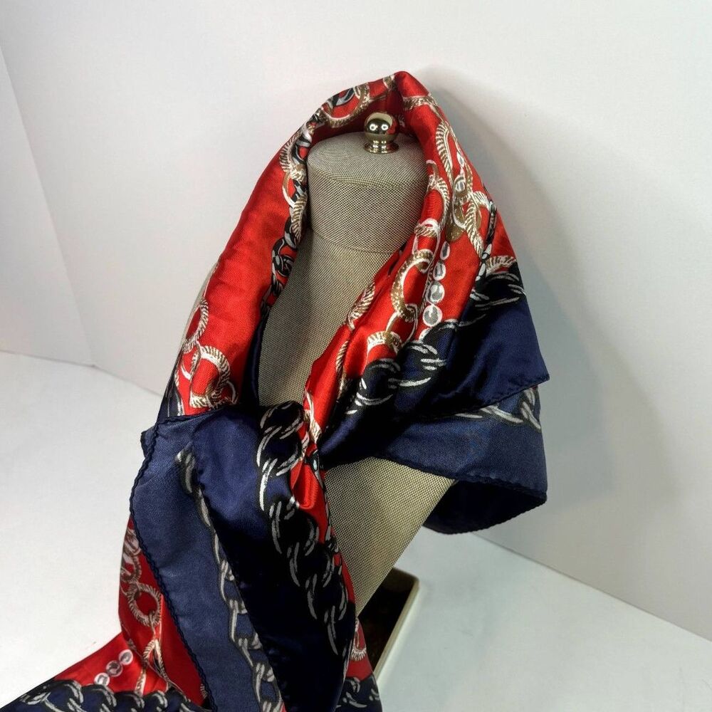 Express Silk Square Monogram Logo Chain Multicolor Scarf Womens Blue Red NWT - Picture 8 of 10